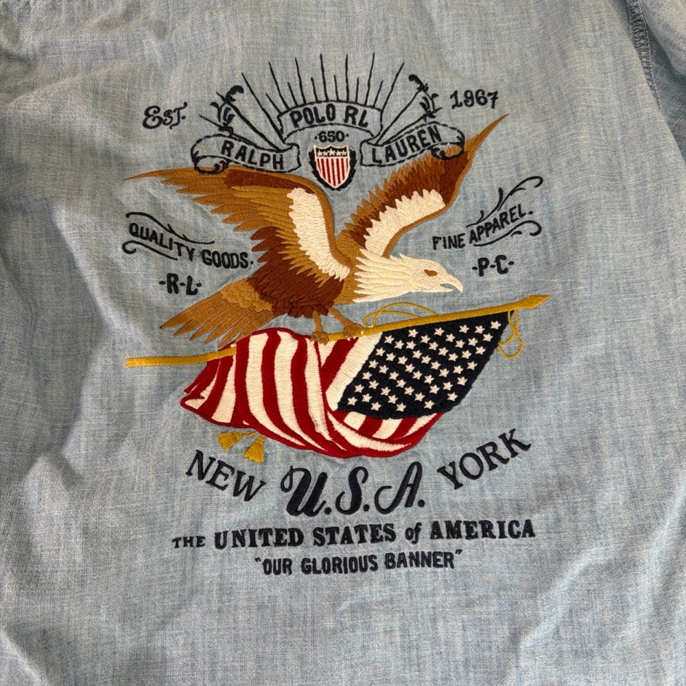 Ralph Lauren Blue Denim Shirt with Eagle and Flag Embroidery